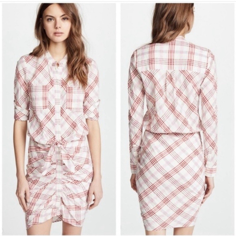 Veronica Beard Della Plaid Ruched Dress White‎ Pink Tie Front Shirt Dress Size 4